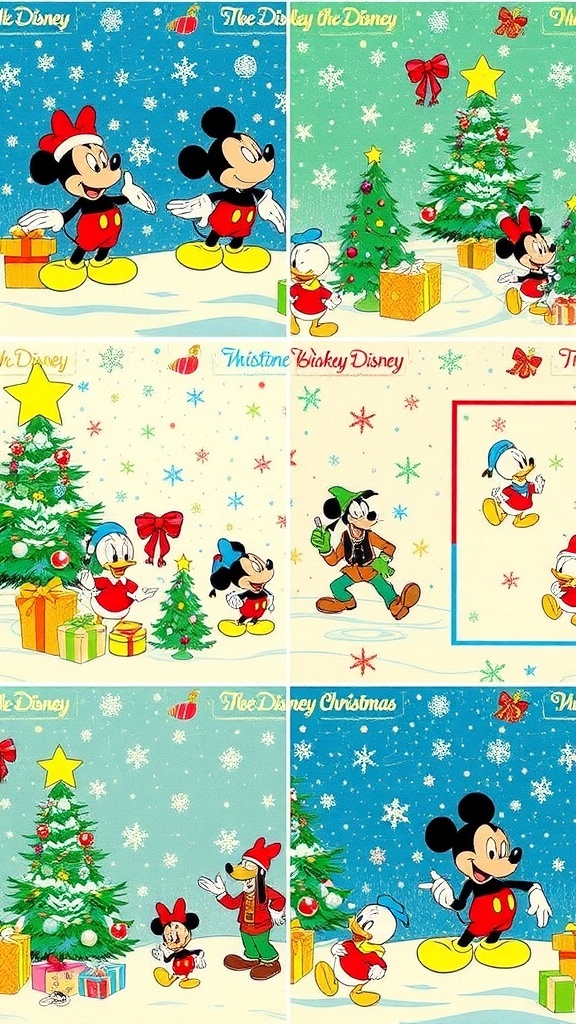 Vintage Disney Christmas wallpaper featuring Mickey Mouse, Donald Duck, and Goofy in festive settings.